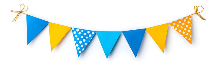 Colorful bunting party decoration with triangular flags in various hues, isolated on white background