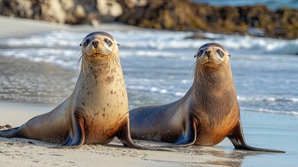 Fototapeta premium Two sea lions on sandy beach, ocean waves background, wildlife photography, nature image
