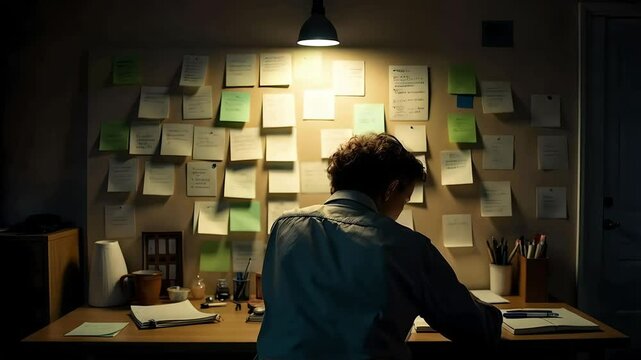 Spy or investigator standing by a wall filled with pinned notes, planning the next move