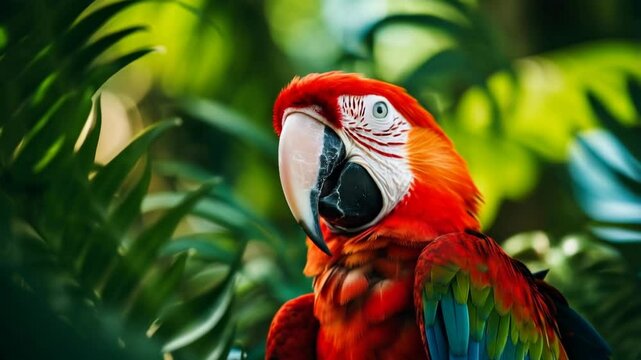 Vibrant scarlet red macaw in lush green tropical foliage. For wildlife conservation, environmental awareness