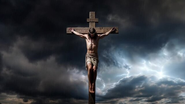 Jesus Christ on the Cross Against a Dramatic Stormy Sky Backdrop