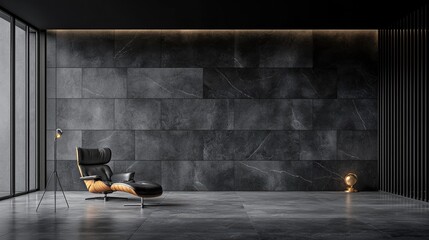 Modern dark room, leather recliner, city view, minimalist design, interior design inspiration