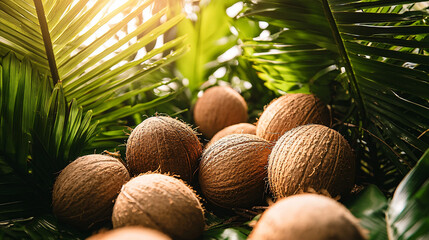 A serene garden with coconuts scattered among the palm trees, bathed in warm sunlight, evoking a calm and peaceful feeling.