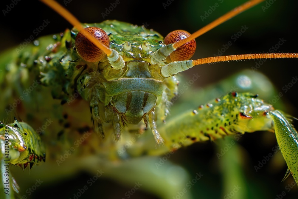 Poster A close-up view of a praying mantis' head, showing its distinctive features