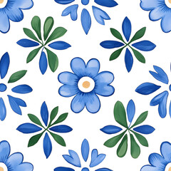 Blue and white watercolor simple azulejos tile with floral design pattern, white background
