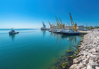 Obraz premium Tranquil Harbor Scene with Clear Blue Waters and Busy Wharf Featuring Large Cranes, Boats, and Modern Port Facilities Under a Bright Cloudless Sky
