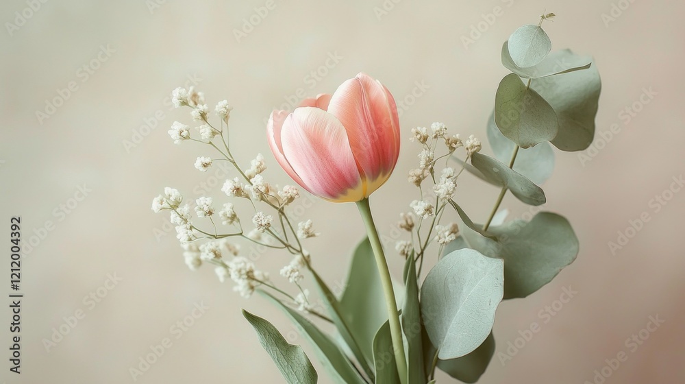 Poster soft pink tulip stands proudly with gentle white blooms and lush green leaves, creating a harmonious