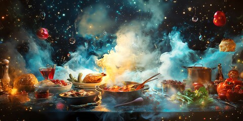 A breathtaking fantasy panorama featuring a fusion of a mystical realm and culinary delights