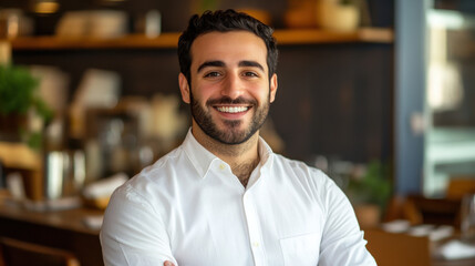 Fototapeta premium A smiling man in a white shirt stands confidently in a restaurant, showcasing a warm atmosphere and friendly service.
