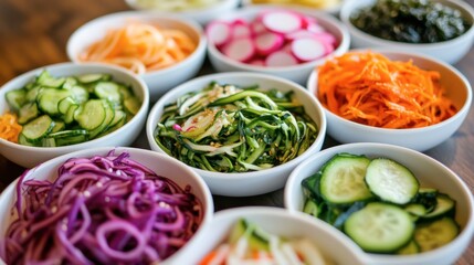 A spread of colorful banchan Korean side dishes including pickled vegetables, seasoned seaweed, and spicy radishes.