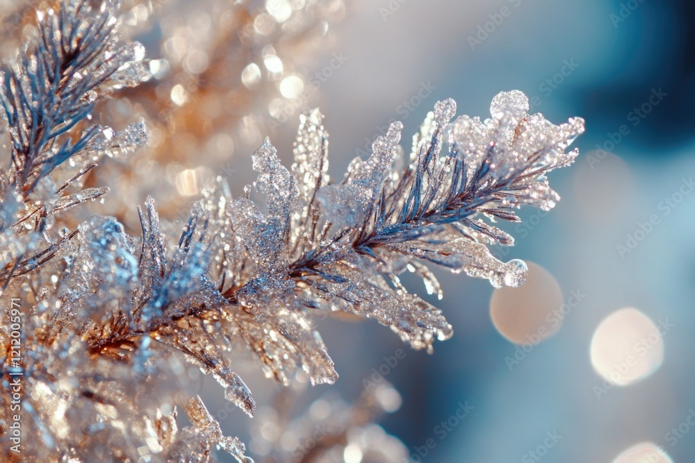 Poster close-up shot of a tree branch covered in frost