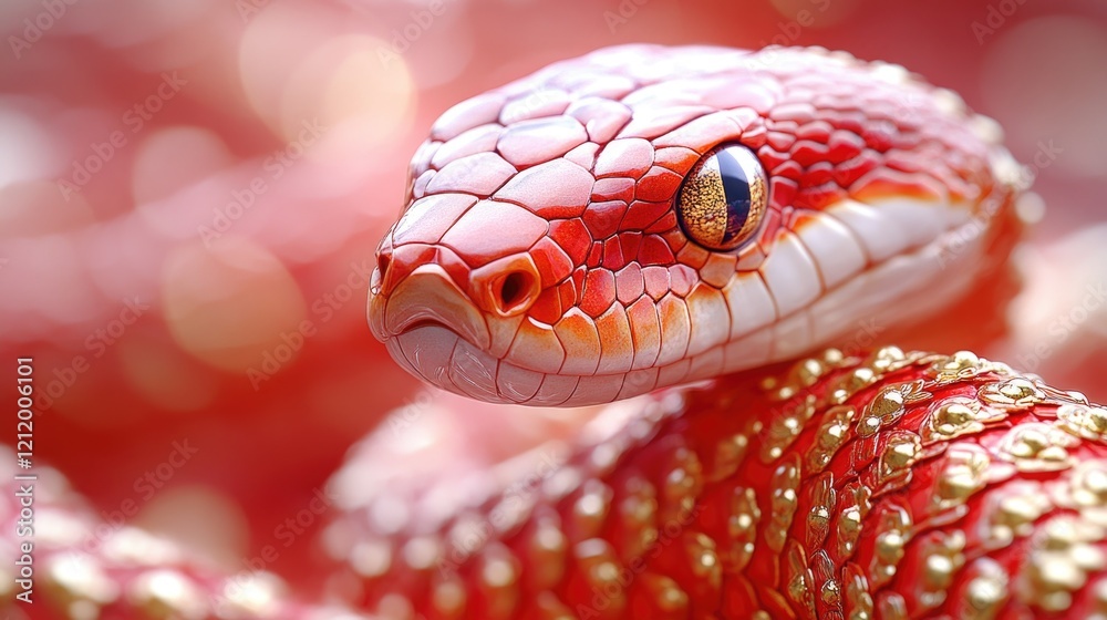 Poster a close-up view of a snake's head on a red background, ideal for use in wildlife or nature-themed pr