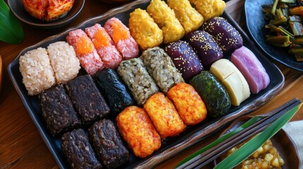 A traditional Korean rice cake tteok platter, featuring colorful and beautifully crafted rice cakes of various shapes and sizes.