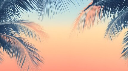 refreshing summer banner, beach palms, minimalistic, rose orange blue tones, light