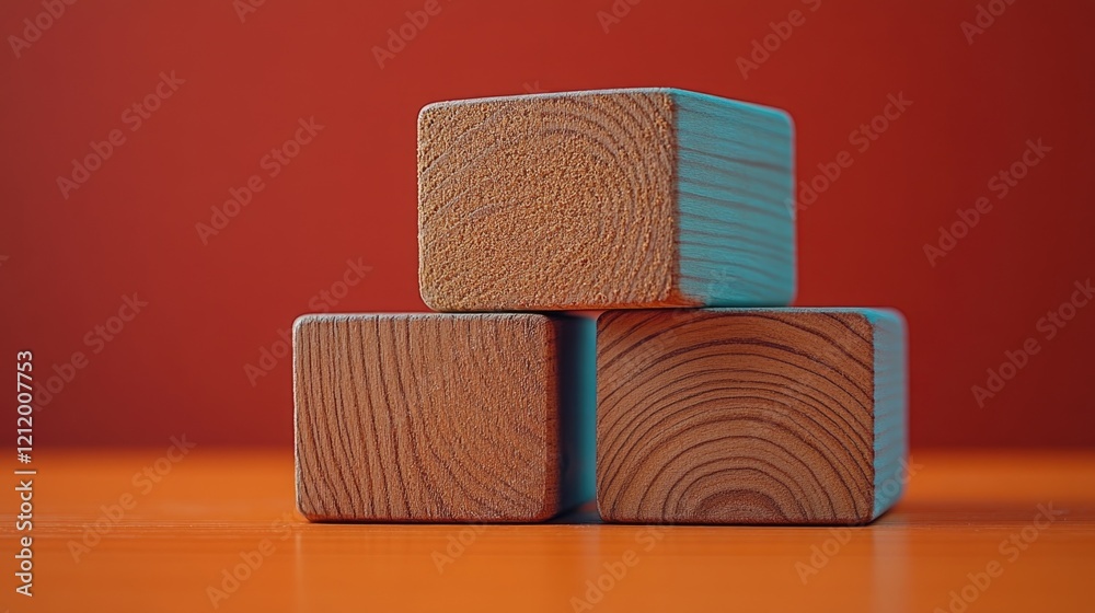 Poster three wooden blocks stacked high, ideal for a colorful background or diy project illustration