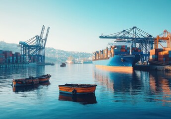 Fototapeta premium Vibrant Port Scene with Colorful Container Ship, Cranes, and Small Boats in Calm Water Under Clear Blue Sky at Sunrise, Maritime Transportation and Trade Concept