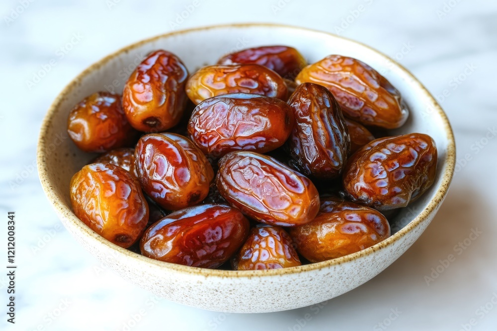 Poster A bowl of fresh dates sitting on a table with a simple background