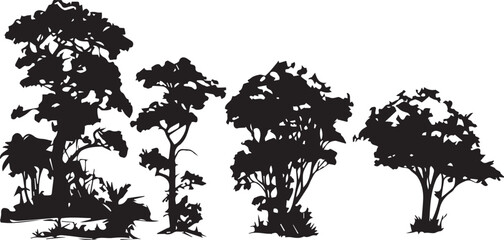 A set of tree silhouettes for flat design. Hand drawn vector illustration
