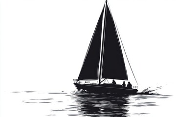 Fototapeta premium Silhouette of sailboat with people sailing on calm water.