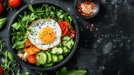 Bibimbap served in a hot stone bowl, topped with fresh vegetables, a fried egg, and gochujang sauce for mixing.