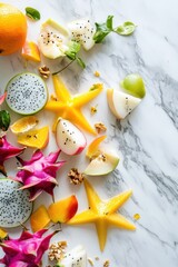 Exotic fruit slices marble background healthy recipe