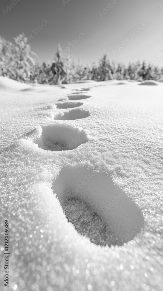 Poster walking through a serene winter landscape, distinct footprints create a mesmerizing trail in the unt