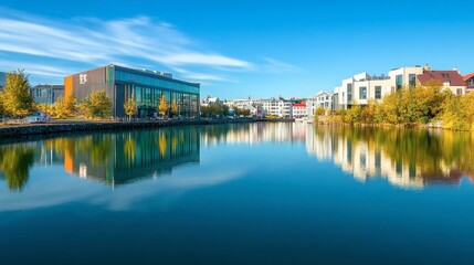 Fototapeta premium Reykjavik's City Hall with its modern design, reflected in the waters of Tjrnin pond on a sunny day.