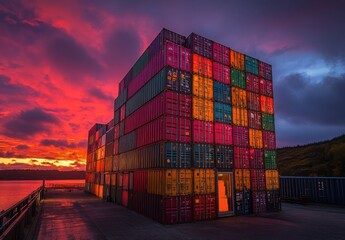 Fototapeta premium Vibrant Sunset Reflects on Colorful Shipping Containers Stacked at Dockside Creating a Stunning Visual Contrast Against the Dramatic Sky