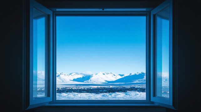 Reykjavik's Esjan mountain range covered in snow, seen from the city's outskirts on a clear day.