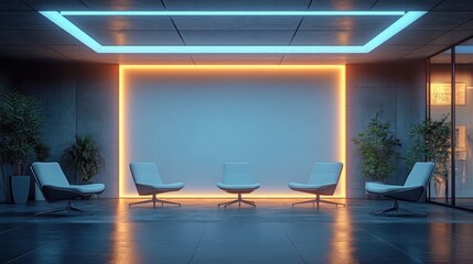 Modern Minimalist Lounge Four Chairs Ambient Lighting Concrete Walls Interior Design