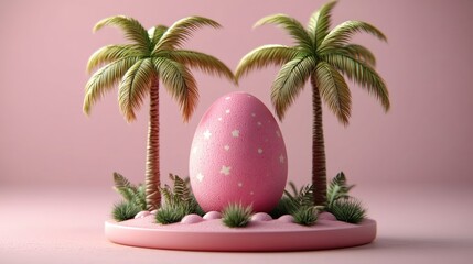 Obraz premium Pink easter egg with stars among tropical palms and ferns in pastel setting. Easter, Pascha, Paskha, Ostern, Pascua, Paques - Orthodox and Catholic Holiday celebration