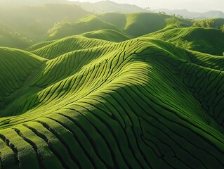 Fototapeta premium Sunrise over rolling green hills, terraced landscape, scenic view, travel, nature background