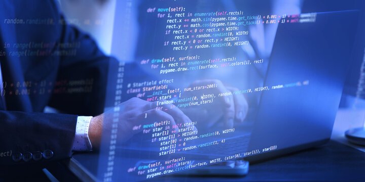 Fictional code reflected on laptop screen with hands typing, symbolizing virtual development space for creative and computational innovation. Concept of IT solutions, applications, SEO copywriting. Ad