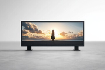 Fototapeta premium Woman Standing Before Digital Billboards at Sunset Over Ocean