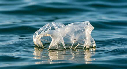 Naklejka premium AI generative. plastic bag floating in the sea water. Plastic Bag Drifting in Ocean Depths simulating a continent tive