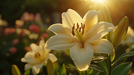 Obraz premium Golden Hour Lily Bloom: A Serene Garden Sunset