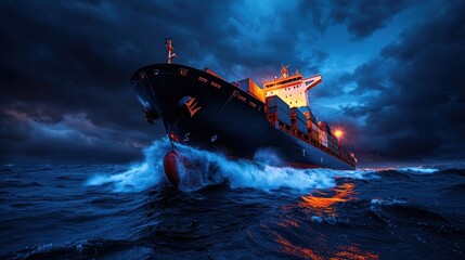 Fototapeta premium Cargo ship navigating stormy seas ocean maritime photography dramatic environment low angle power and resilience
