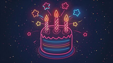 Fototapeta premium Neon Happy Birthday Cake and Sparkles Flat Vector Illustration