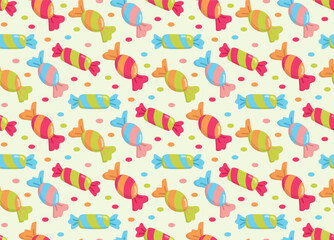 Seamless background with brightly wrapped candies and colorful confetti circles. Children's festive pattern