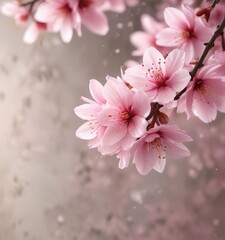 Fototapeta premium Soft pink sakura petals falling against blurred background, peaceful, blossoms, springtime