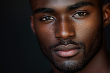 Obraz premium a close-up portrait of a young man with smooth dark skin, symmetrical facial features, and a focused gaze, soft natural light emphasizing texture and depth, concept of strength, confidence 
