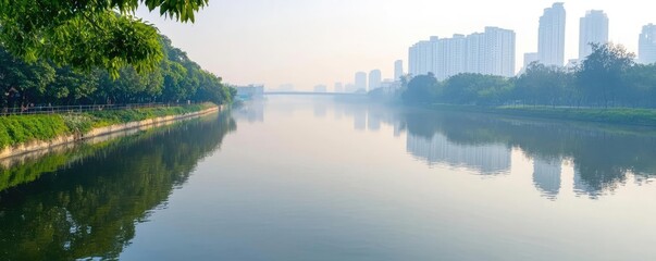 Fototapeta premium Smoggy urban river with faint reflections of polluted skies, PM 2.5 awareness