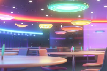 Obraz premium Retro-futuristic diner interior with vibrant neon lighting, colorful tables, and futuristic chairs. Ideal for science fiction, 80s, and retro themes.