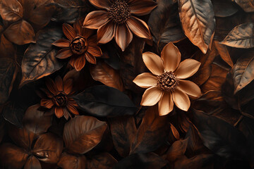 Fototapeta premium a composition of decorative flowers and leaves in rich brown and gold tones, featuring intricate textures and metallic finishes, concept of autumn elegance, floral design, seasonal decoration, natural
