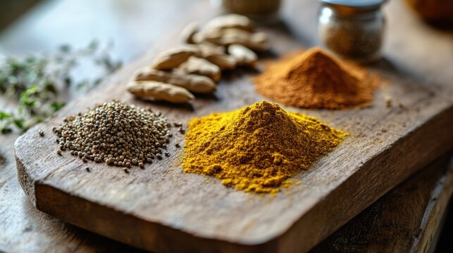 A selection of Ayurvedic spices, such as turmeric, cumin