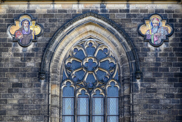 Obraz premium Facade of Basilica of St. Peter and St. Paul, neo-Gothic church in Vysehrad fortress in Prague, Czech Republic