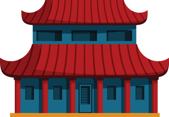 Classic asian temple architecture showcasing a two story structure with distinctive red tiled roof, blue walls, and supporting red pillars