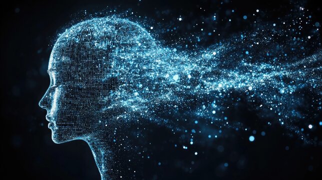 Digital representation of a human head dissolving into particles