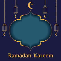 Ramadan Kareem Frame template design. Blank arabic holiday Frame with lanterns and crescent. Minimal vector Mubarak Frame for postcard poster cover. EPS 10