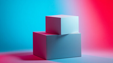Obraz premium Two white geometric cube shapes on simple gradient background of blue and red colors for modern minimal design